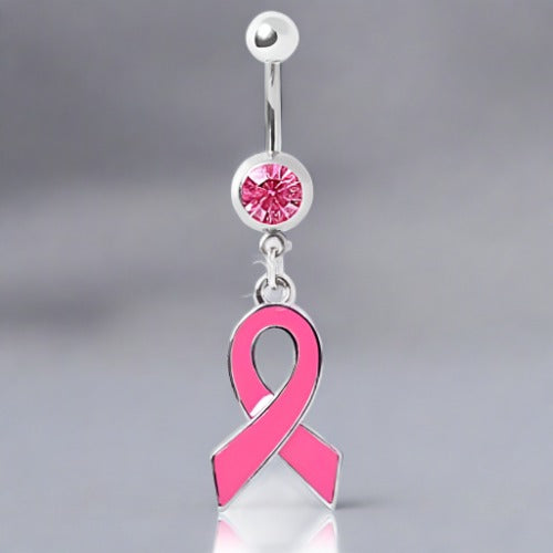316L Gemmed Navel Ring with Enameled Pink Awareness Ribbon Dangle | Fashion Hut Jewelry