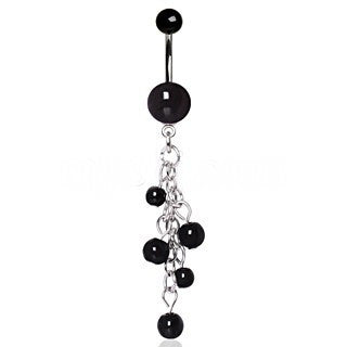 316L Surgical Steel Black Acrylic Navel Ring with Beaded Chain Cascade - Fashion Hut Jewelry