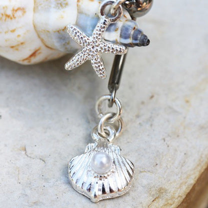 316L Stainless Steel Starfish and Pearl Seashell Double Dangle Navel Ring - Fashion Hut Jewelry