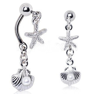 316L Stainless Steel Starfish and Pearl Seashell Double Dangle Navel Ring | Fashion Hut Jewelry