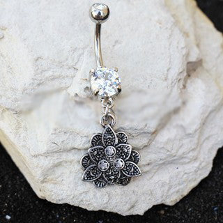 316L Stainless Steel Jeweled Vintage Lotus Dangle Navel Ring | Fashion Hut Jewelry