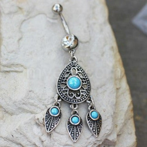316L Stainless Steel Turquoise Teardrop and Feather Dangle Navel Ring - Fashion Hut Jewelry