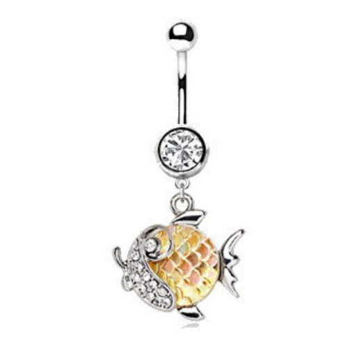 316L Stainless Steel Jeweled Gold Fish Dangle Navel Ring - Fashion Hut Jewelry