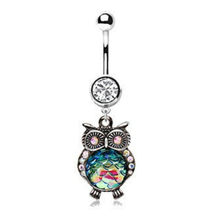 316L Stainless Steel Jeweled Rainbow Owl Dangle Navel Ring | Fashion Hut Jewelry