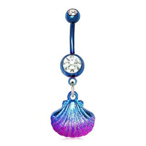 Blue PVD Plated Navel Ring with Blue & Pink Seashell Dangle | Fashion Hut Jewelry