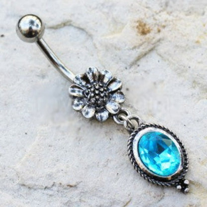 316L Stainless Steel Flower and Aqua Pendant Dangle Navel Ring - Fashion Hut Jewelry