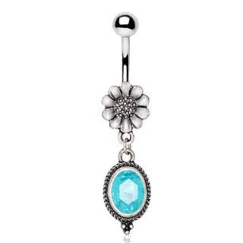 316L Stainless Steel Flower and Aqua Pendant Dangle Navel Ring - Fashion Hut Jewelry