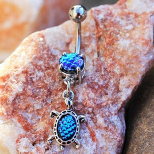 316L Stainless Steel Ocean Blue Scales Turtle Dangle Navel Ring | Fashion Hut Jewelry