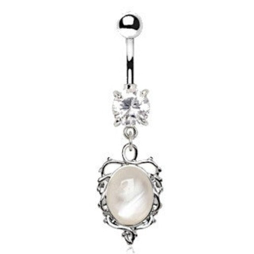 Ornate White Cat's Eye Dangle Navel Belly Ring | Fashion Hut Jewelry