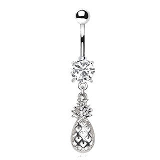 316L Stainless Steel Prong Set CZ Navel Ring with Pineapple Dangle | Fashion Hut Jewelry