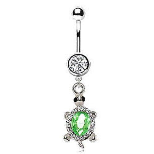316L Stainless Steel Dazzling Green Turtle Dangle Navel Ring | Fashion Hut Jewelry