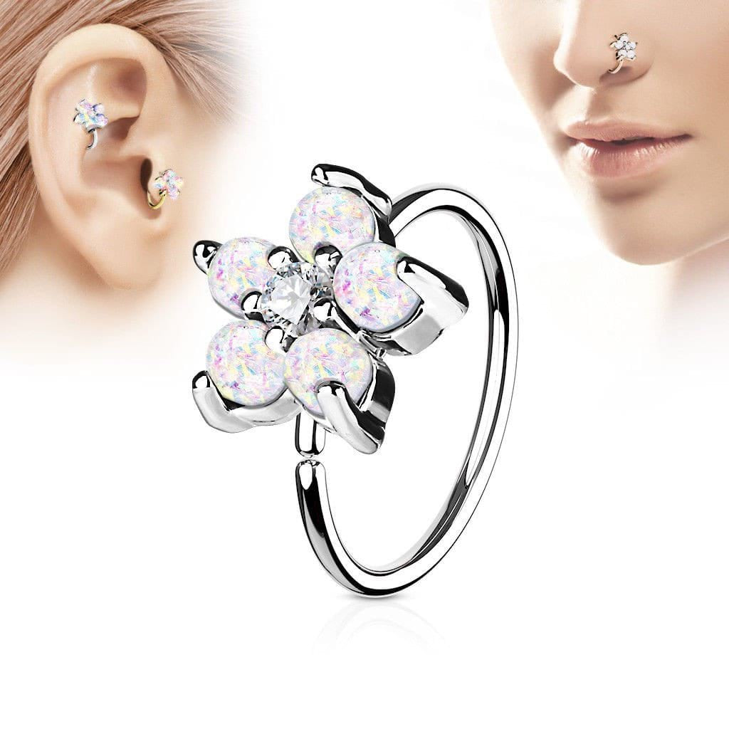 316L Stainless Steel Synthetic Opal Flower Nose Hoop / Cartilage Earring | Fashion Hut Jewelry