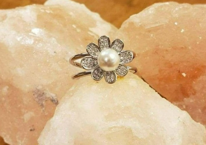 White Gold Dipped CZ Flower Acrylic Pearl Adjustable Ring
