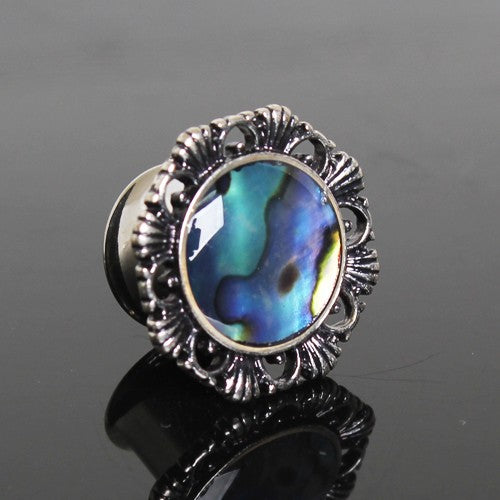 316L Stainless Steel Ornate Plug with Natural Abalone Inlay | Fashion Hut Jewelry