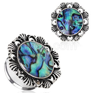 316L Stainless Steel Ornate Plug with Natural Abalone Inlay | Fashion Hut Jewelry
