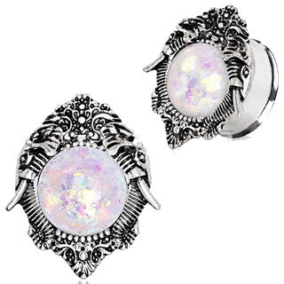 316L Stainless Steel Ornate Elephant Plug with Synthetic Opal Stone | Fashion Hut Jewelry