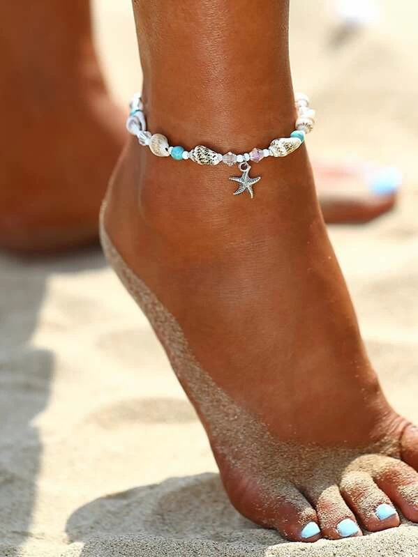 Multi Beads and Shell Mix Anklet Ankle Bracelet - Starfish | Fashion Hut Jewelry