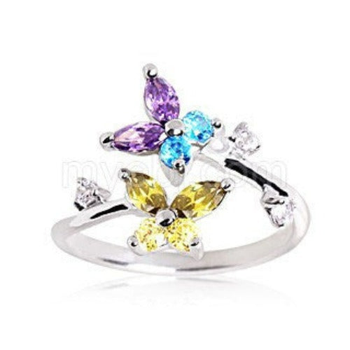 .925 Sterling Silver Multi Color CZ Butterflies Toe Ring | Fashion Hut Jewelry