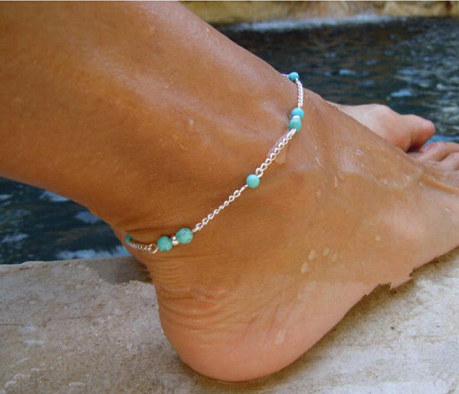 Simple & Sexy Silver & Turquoise Beaded Anklet - Fashion Hut Jewelry