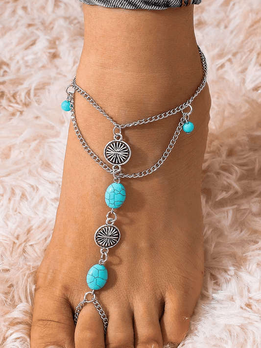 Turquoise Bead Detail Toe Ring Anklet Barefoot Sandal Anklet | Fashion Hut Jewelry