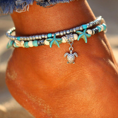 Vintage Double Beaded Turtle Starfish Boho Anklet | Fashion Hut Jewelry