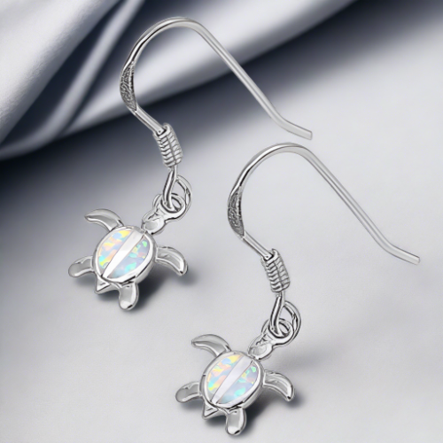 .925 Sterling Silver White Opal Turtle Dangle Earrings | Fashion Hut Jewelry