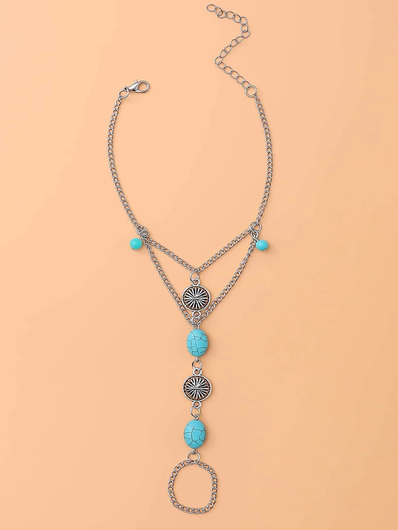 Turquoise Bead Detail Toe Ring Anklet Barefoot Sandal Anklet | Fashion Hut Jewelry